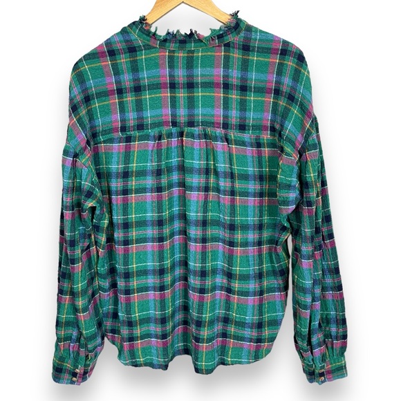 Anthropologie‎ Pilcro Cropped Puff-Sleeve Blouse Green Plaid Large Relaxed Fit - Picture 5 of 16